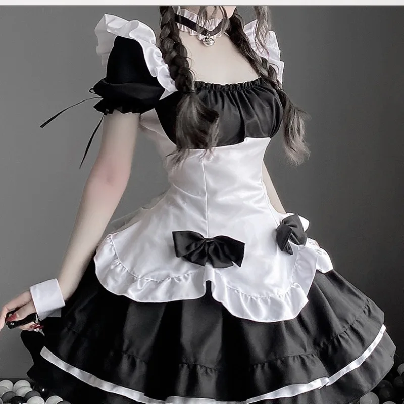 Japanischer weicher Mädchen-Cosplay-Dienstmädchen 2024, Lolita-Pullover, quadratischer Ausschnitt, Schleife, Rüschenkante, sexy, schlichter und eleganter Prinzessinnenrock-Anzug