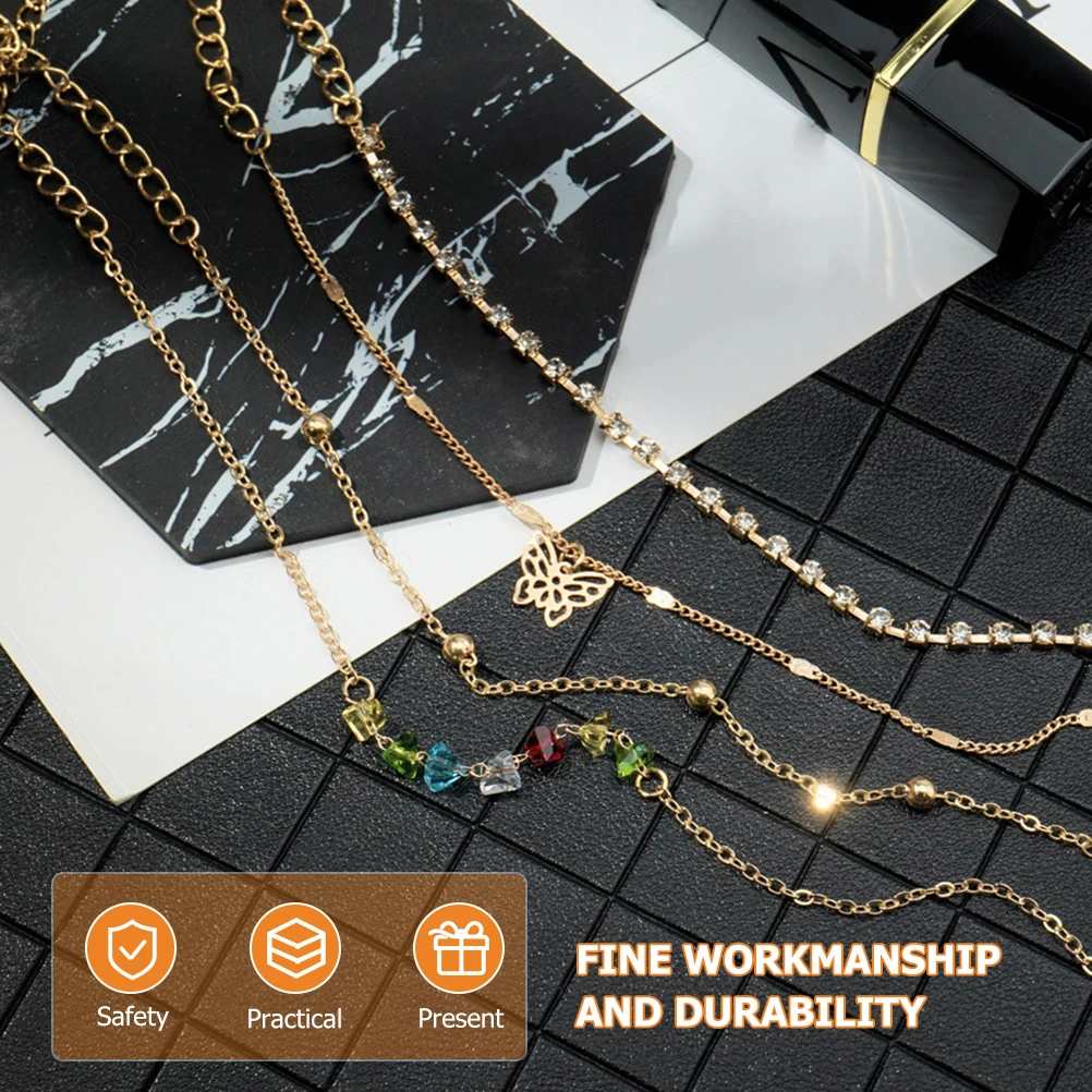 

4 Pcs Colorful Butterfly Anklet Bracelets for Women Beach Chain Alloy Rhinestone Miss