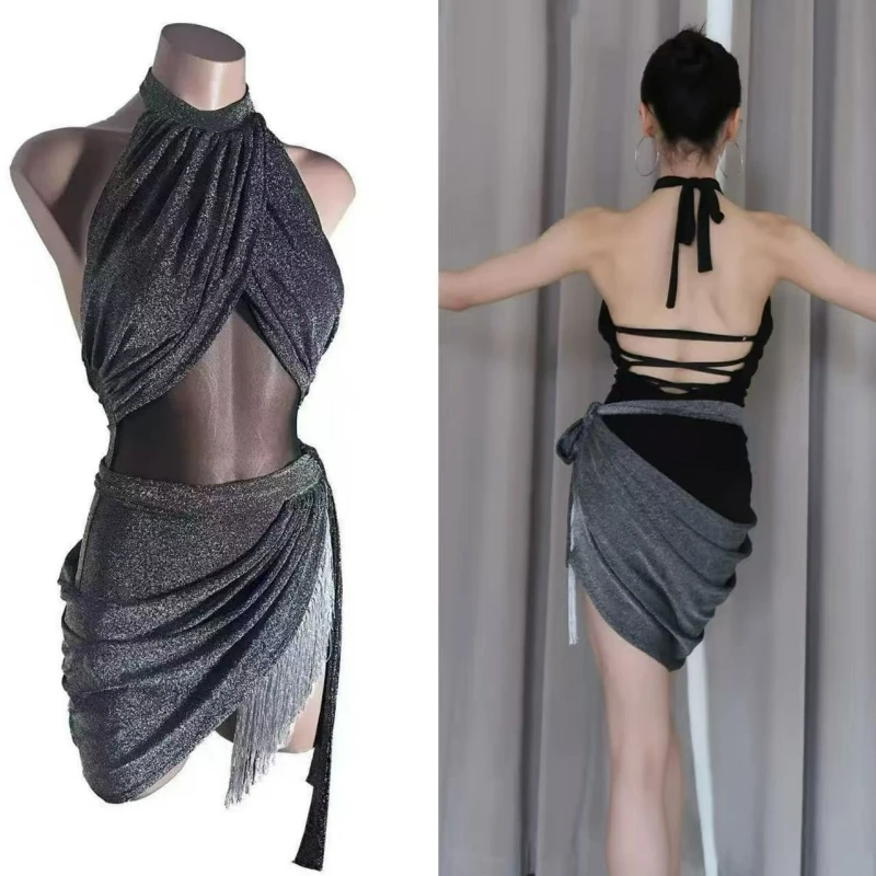 

New Latin Dance Dress Set for Women Sleeveless Crop Tops Feinged Skirt Sexy Samba Rumba Performance Party Stage Ballnoon Costume