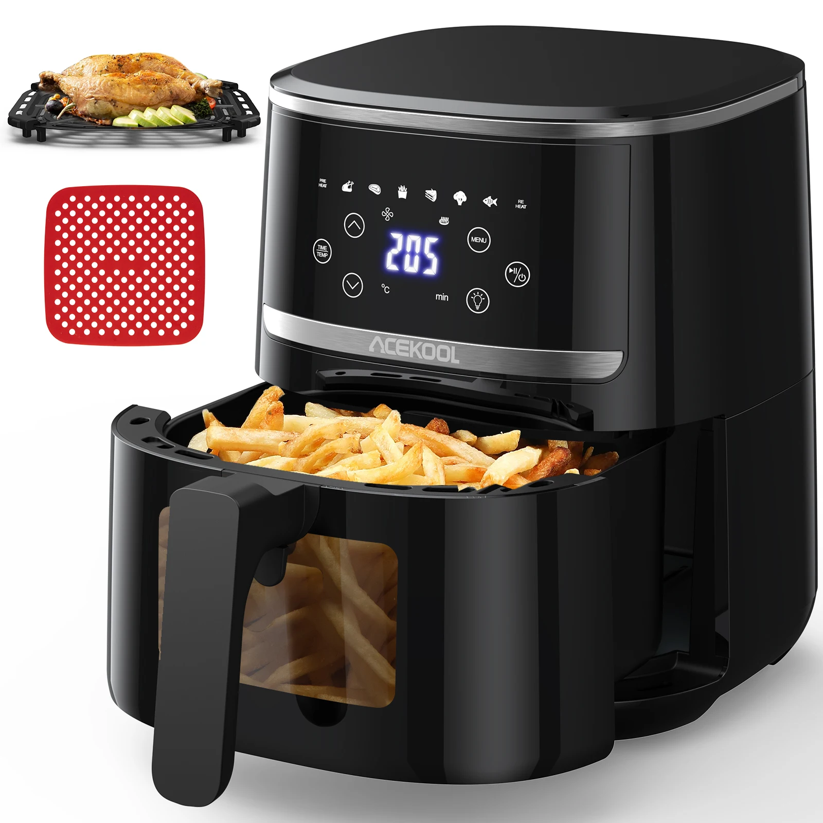 Combinação de forno torradeira fritadeira de ar com display digital de 5 quartos com 8 predefinições de cozinha Fogão sem óleo, janela visível, cesta segura para máquina de lavar louça