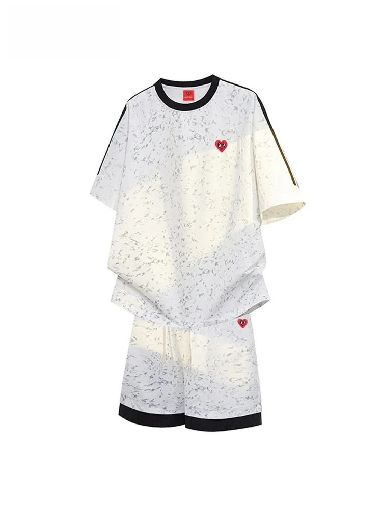 Conjunto de Roupas Casuais Americanas Charles Heart para Homens, Camiseta de Gola Redonda de Manga Curta em Cores Contrastant...