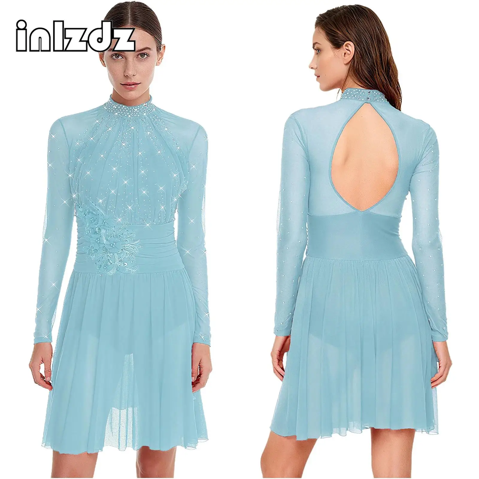 Robe de danse de patinage artistique lyrique dos nu pour femmes broderie appliques strass manches longues froncé justaucorps de gymnastique de ballet