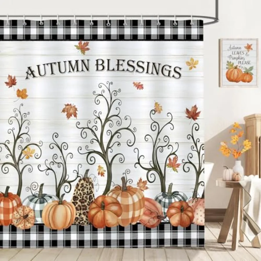 

Fall Plaid Pumpkin Shower Curtain Autumn Leaves Tree Farmhoe Thanksgiving Bathroom Curtain 72x72 Inch Polyester Fabric Waterpro