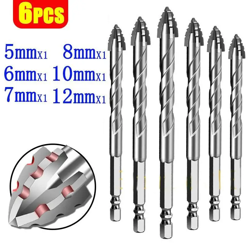 

6Pcs Shark Tooth Drill Bits 5-12 Mm Carbide Drill Bits Suitable For Ceramic Tiles Concrete And Steel