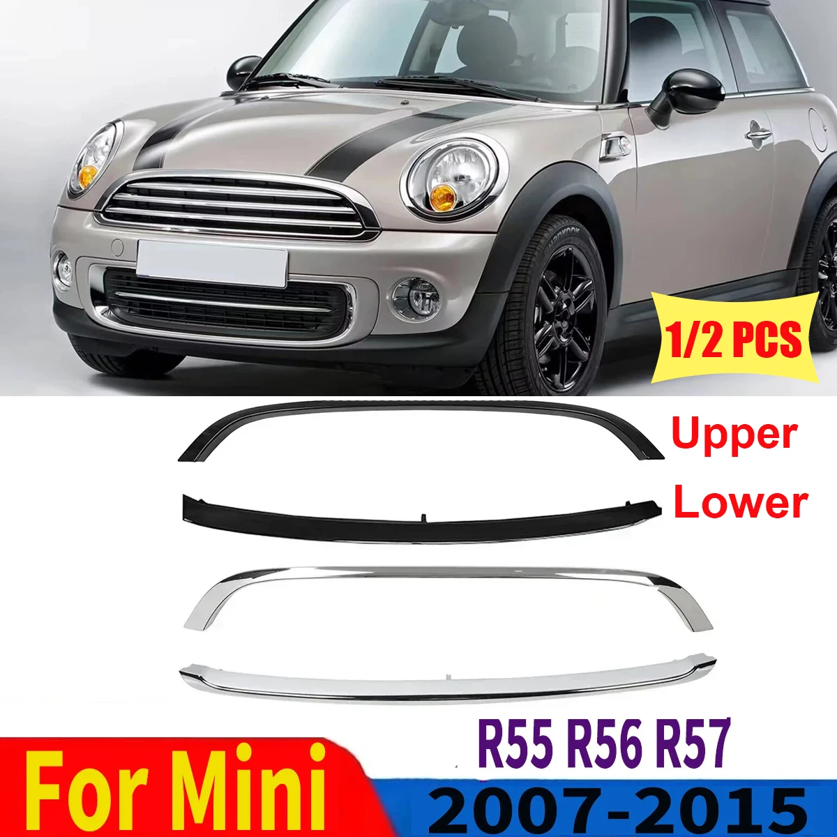 

1/2PCS Car Upper Honeycomb Grille Surround Trim Molding 51132751040 Kit for BMW MINI Copper R55 R56 R57 2007-2015 Silver/ Black