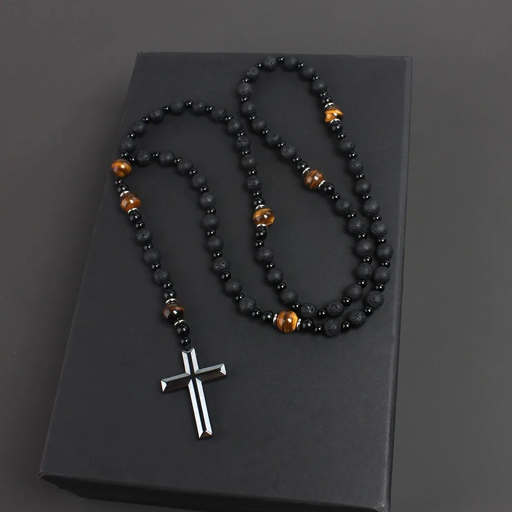 

Retro Cross Pendant Beaded Long Necklace Charm Accessory Tiger-eye Beads Necklace Women Men Rosary Neck Jewelry Vacation