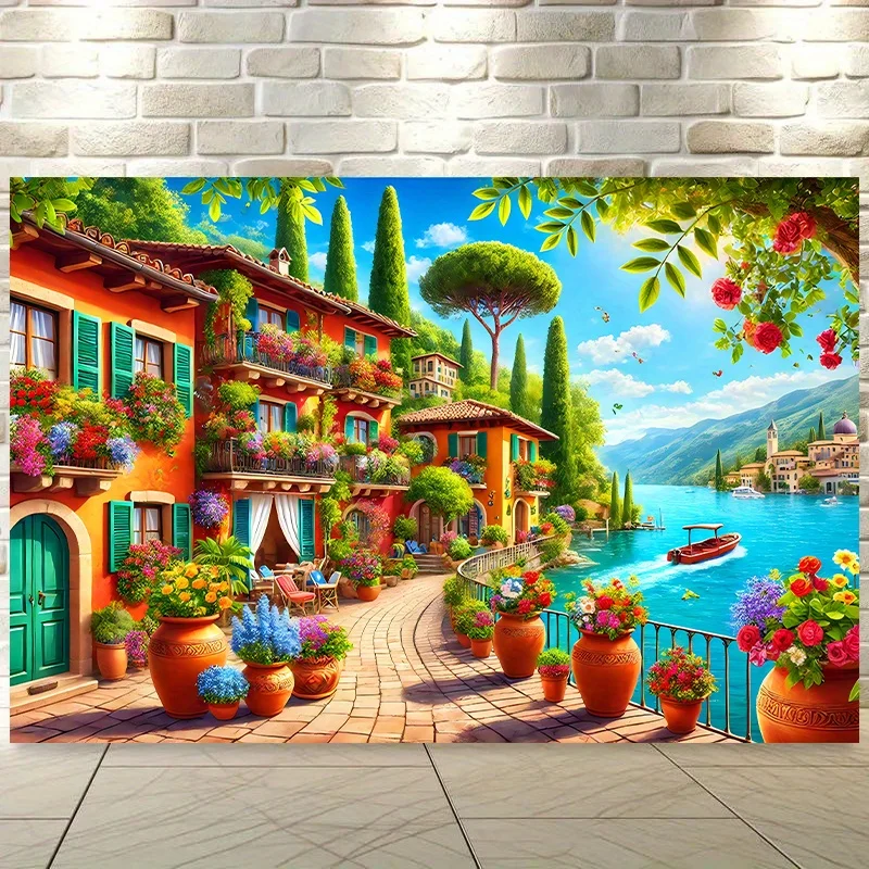 Scenic Italy Landscape Tapestry Amalfi Coast Wall Hanging Colorful Village Decor Lake Como Art Print Mediterranean Travel Poster