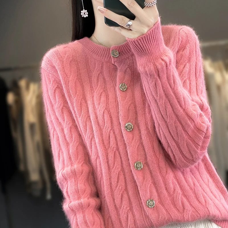 RONGYI 100% Mink Cashmere Knitted cardigan Solid Sweater 2023 Autumn Winter New Woman Clothing O Collar Thickened Overcoat Top