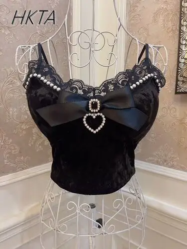 Bow Love Rhinestone Pearl Lace Edge Slim-Fit Chest Pad Vest Short Crop Top Sweet and Cute Velvet Spaghetti Straps Camisole Vests