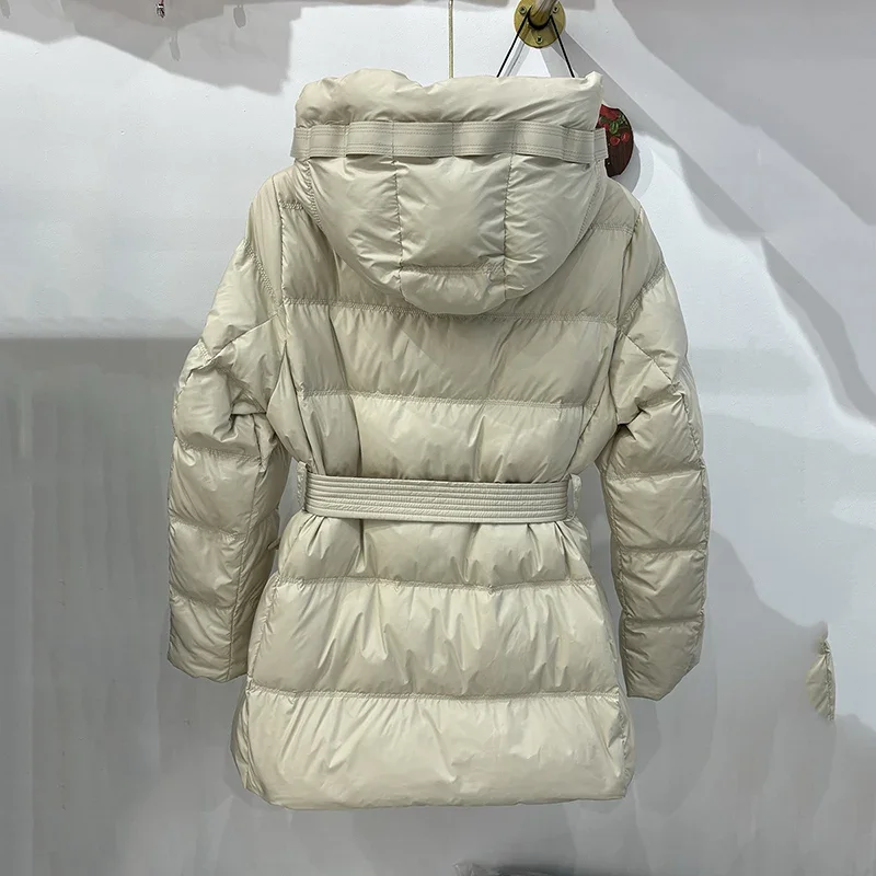 Schinteon 여성 화이트 오리 다운 재킷 후드 가을 겨울 따뜻한 사무실 레이디 아웃웨어 유행 코트 벨트 2024 새로운