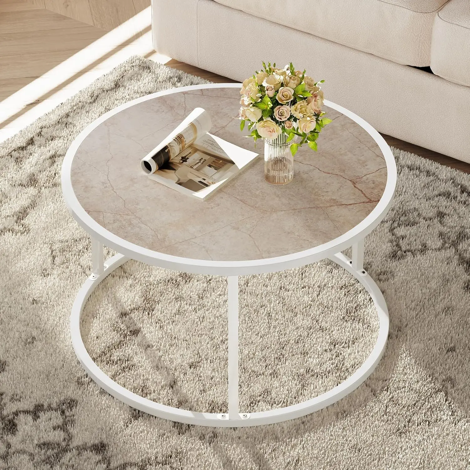 Black Coffee Table Round Marble CoffeeTables for Living Room Modern Small Center Table with Metal Frame, Faux Marble