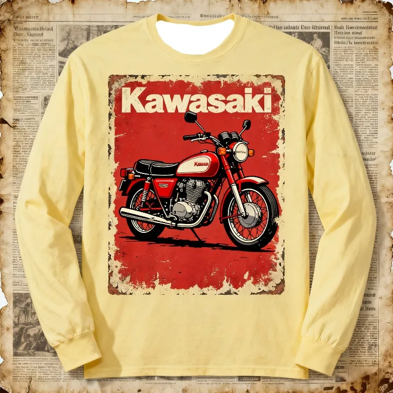 

МОТО-желтая рубашка с длинным рукавом и красным мотоциклетным узором Kawasaki в стиле ретро