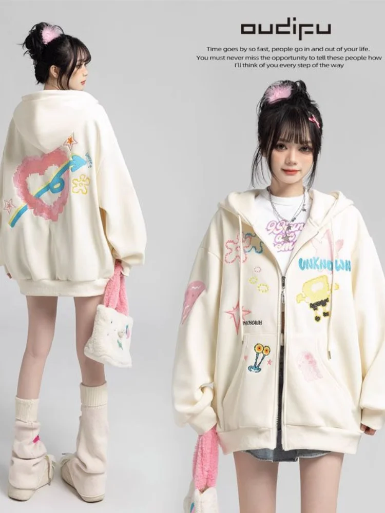 Deeptow Y2K Sweet Kawaii Cute Letter Printed Drawstring Hooded Women Long Sleeve Loose College Style Zip Up Hooded Clothes New