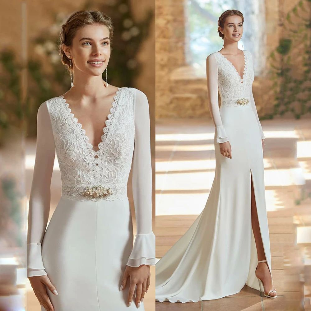 

Lvory Split Mermaid Wedding Dress Chiffon Lace Modern Sexy Deep V-Neck Long Sleeve Bridal Dress Plus Size Customized Robe 2023