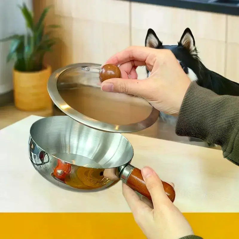 Tigela de aço inoxidável para uma pessoa com alça de madeira de nogueira para salada de frutas, utensílios de cozinha para restaurante