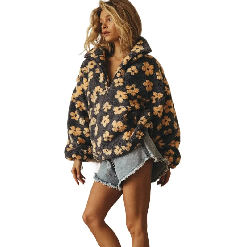 Felpa pullover allentata con tasca con cerniera casual da donna Abbigliamento festivo autunnale Pullover Felpa in finta lana d'agnello floreale alla moda