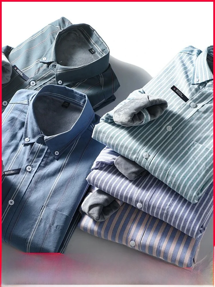 

Thiened Fce Теплая осенне-зимняя повседневная длинная мужская хлопковая рубашка с отложным воротником в полоску и стойкой на пуговицах...