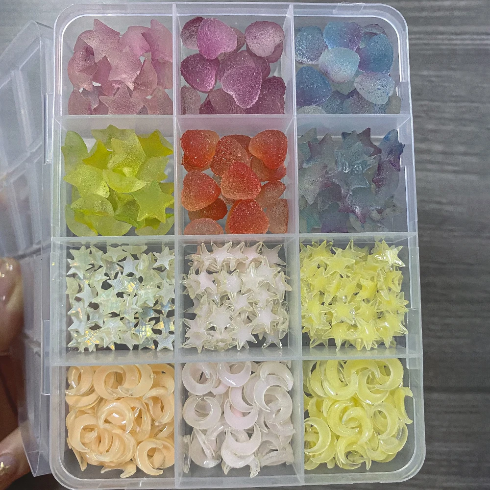 12 rejillas 3D de caramelo, estrella, corazón, dijes para uñas, estrellas amarillas y blancas, Luna, decoraciones artísticas para uñas, dulces, manualidades, accesorios de manicura