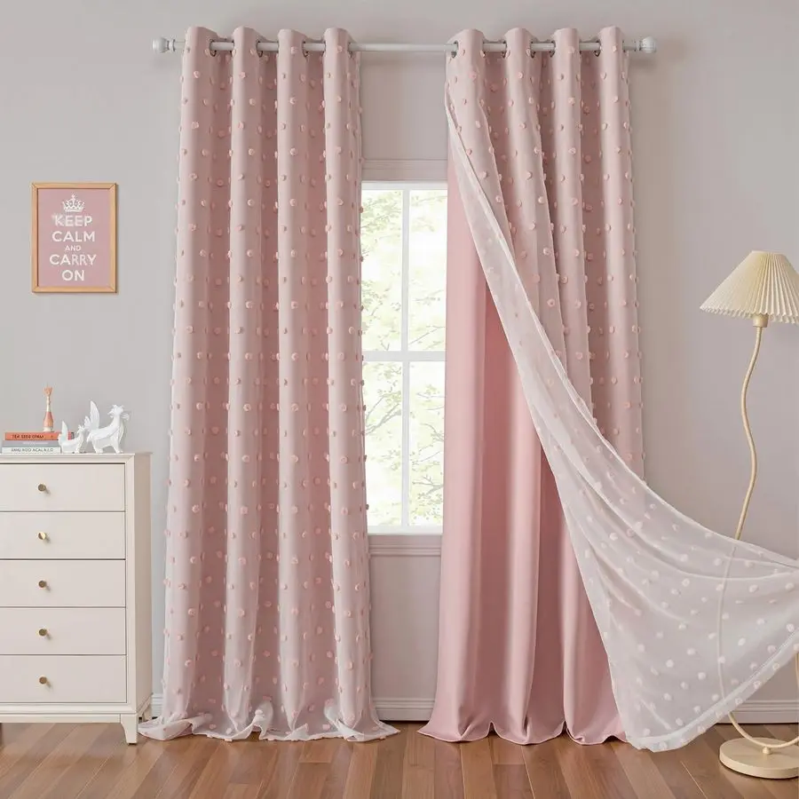 

Pink Curtains for Girls Room 84 Inches Long 2 Panels Girls Curtains wiht Pink Pom Pom Sheer Blackout Nursery Curtain Room Darken