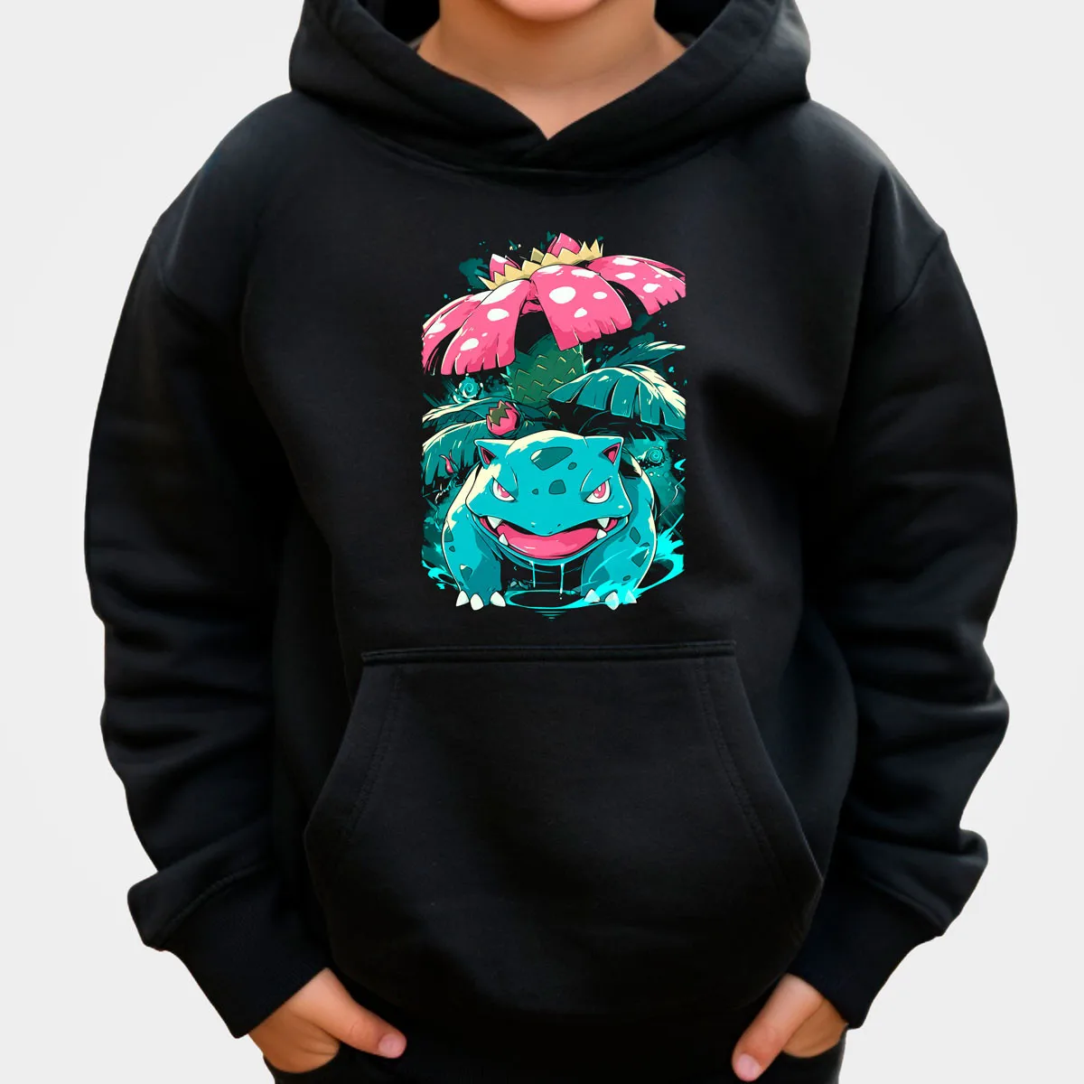 Pokemon Anime Sylveon Cotton Hoodie Black with Pink Blue Yellow Colorful Splash Pattern Loose Fit Casual Style​