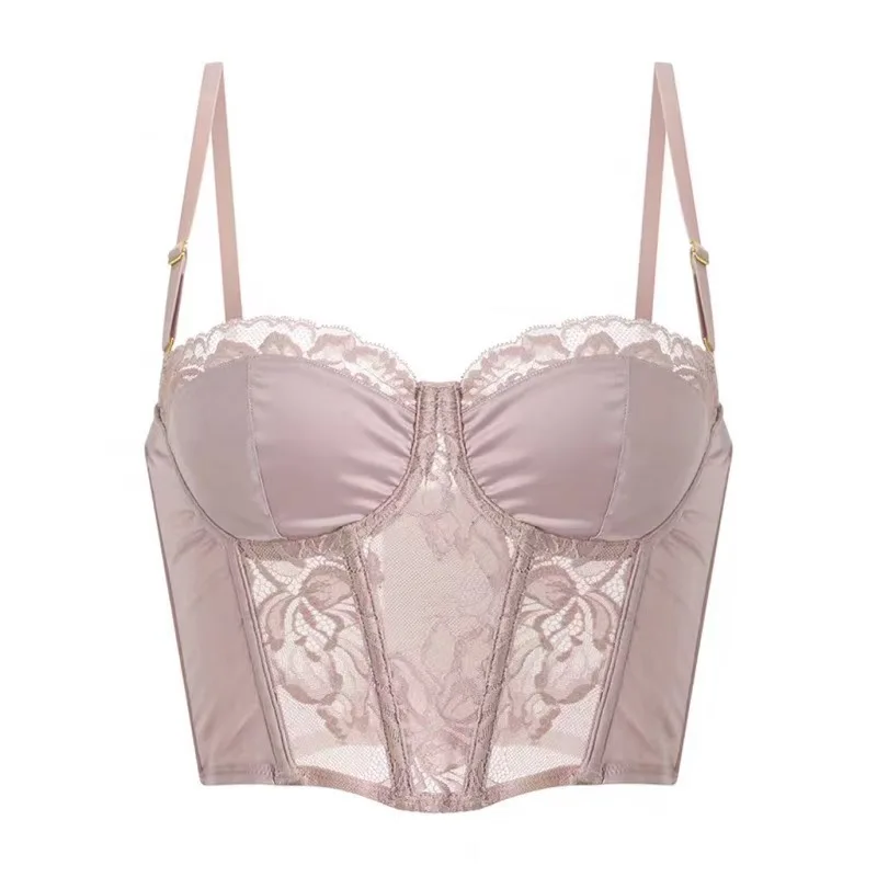 

Женский французский ретро-бюстгальтер с кружевом и эффектом пуш-ап | Бюстье-топ на косточках с тонкими хлопковыми и прозрачными вставками для боковой поддержки и поддержки подмышек.