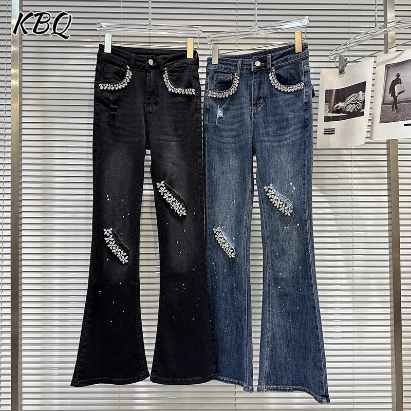 KBQ Solid Spliced Diamonds Slimming Denim Pants For Women High Waist Patchwork Button Spring Casual Jeans Female Fashion Style