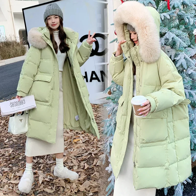 Women Fox Fur Collar Hooded Down Jacket Loose Purple Long Thickened Macaron Color White Duck Slimming Widened 6XL Oversized Coat