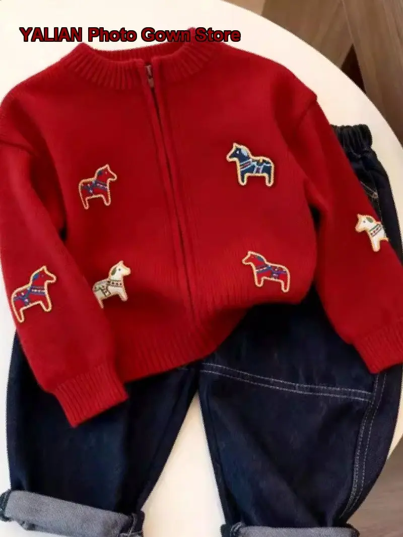 Boys Girls Cardigan Kids Spring Autumn Winter Knit Cardigan Cartoon Print Animal Pattern Zip Up Red