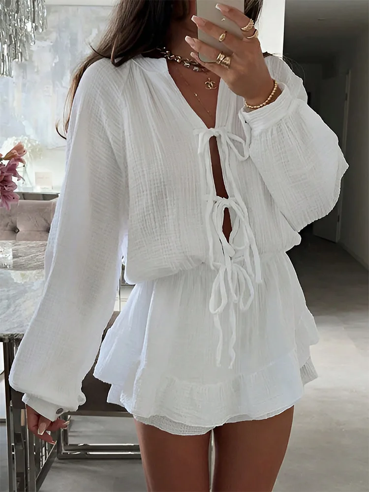 

Spring Summer 2025 White Dress Women V-neck Lace-up High Waist Mini Dress Lantern Sleeve Solid Casual Female 53933