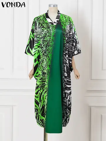 VONDA 2025 Plus Size Dress Women Vintage Printed Maxi Long Sundress 3/4 Sleeve Bat-wing Sleeve Loose Robe Fashion Party Vestidos