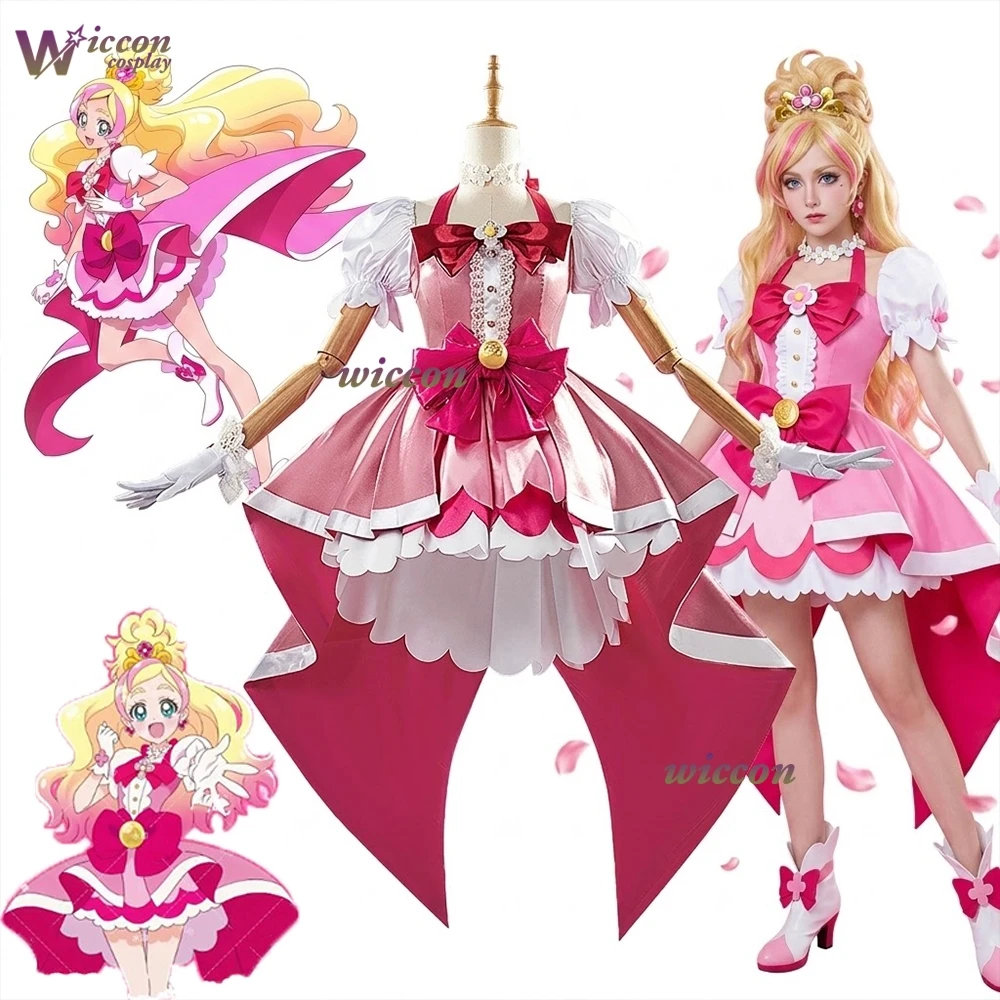 Cure Miracle Asahina Mirai Cosplay Costume Cos Pink kawaii Lolita dress Pretty Cure Haruka Cosplay Suit with Wig Shoes