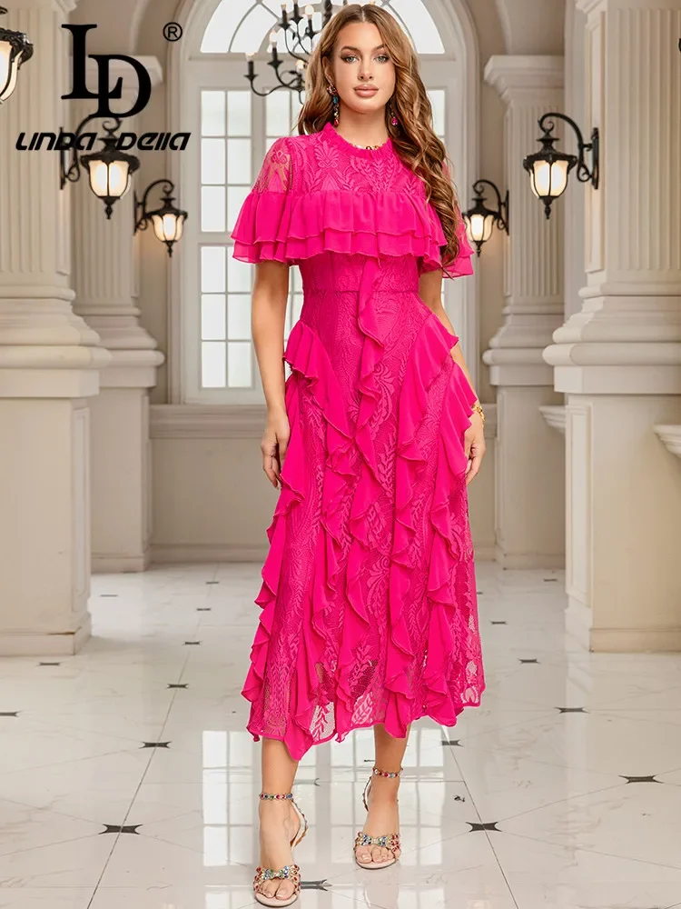 

Элегантное женское платье LD LINDA DELLA с круглым вырезом, ажурным кружевом, оборками и вставками, для торжественных случаев