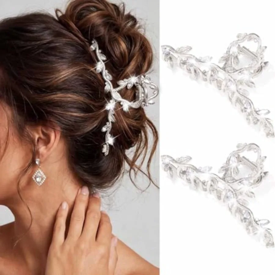 Silver Hair Clips Fancy Rhinestone Claw Clips Large Metal Hair Claw Sparkly Hair Accessories for Women and Girls Pack of 2