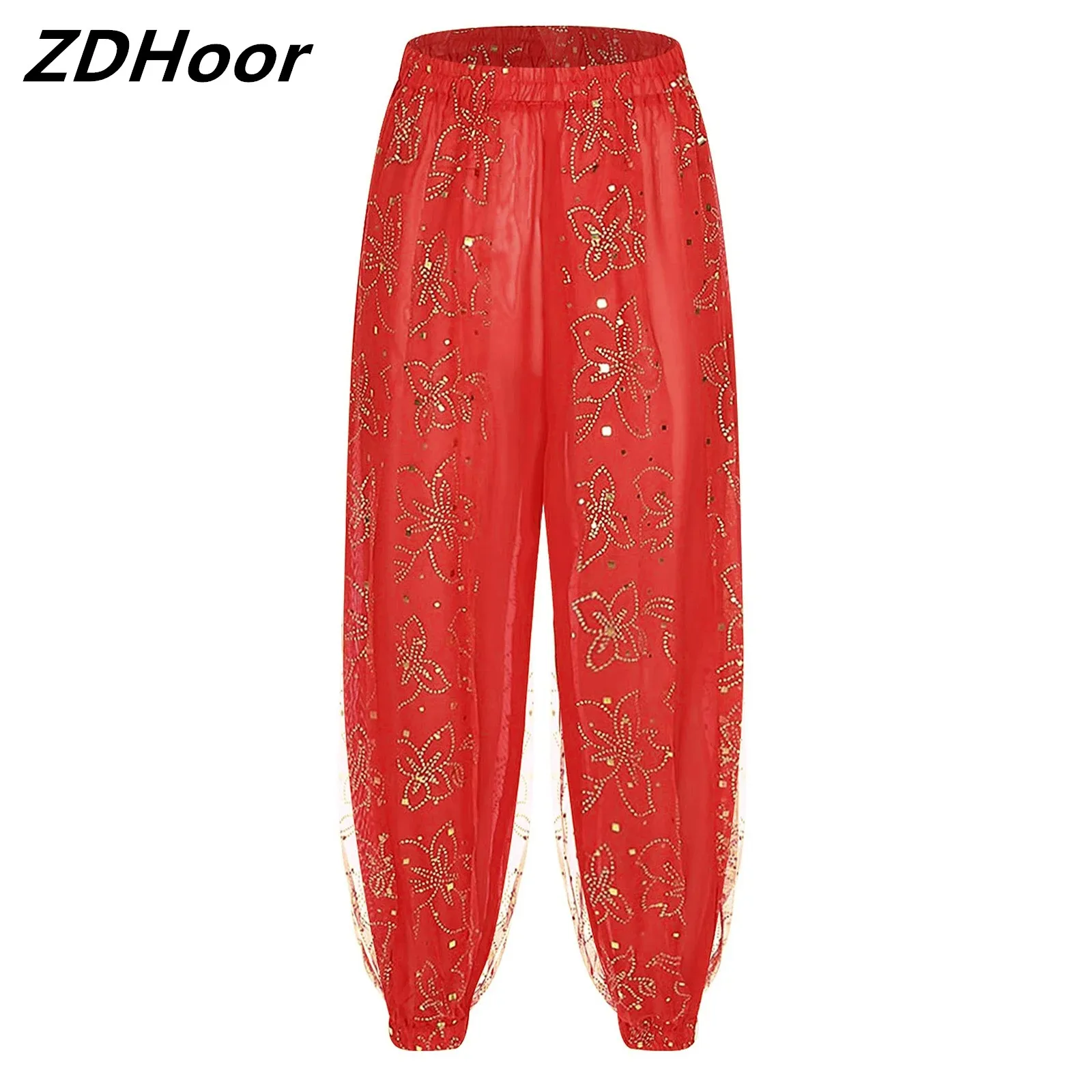 

Womens Shiny Belly Pants Floral Print Dance Bloomers Pants for Stage Performance Halloween Theme Party Role Play