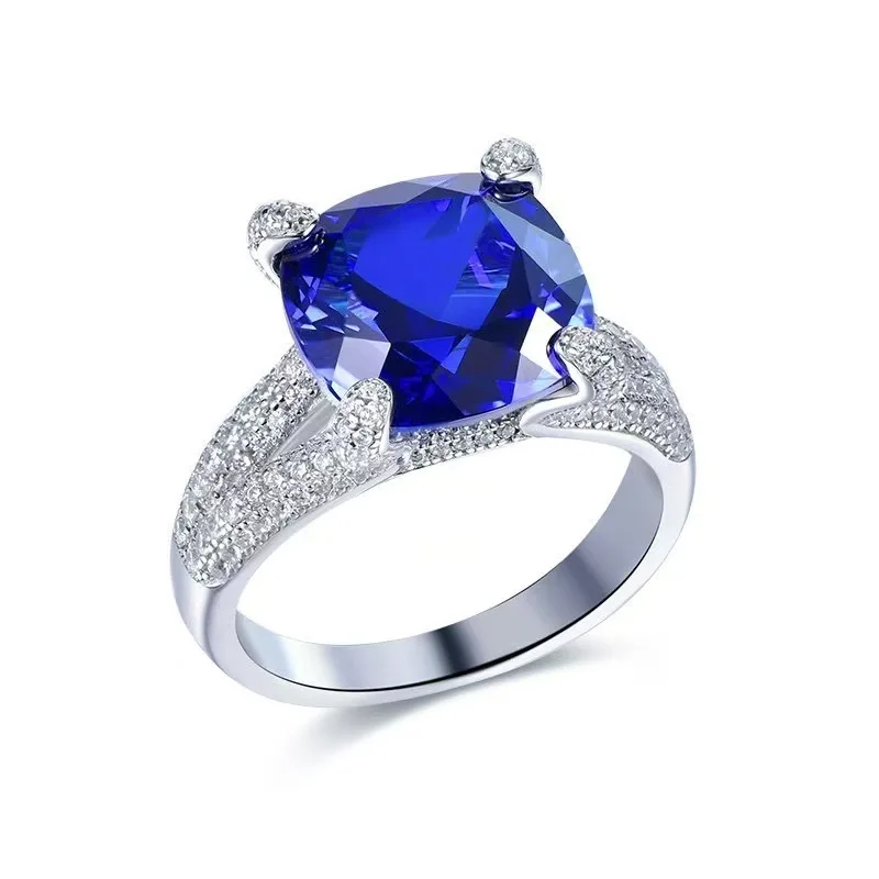 

Lab Grown Royal Blue Sapphire 12x12mm Cushion Cut Ring, S925 Silver Women's Statement Jewelry with Certification