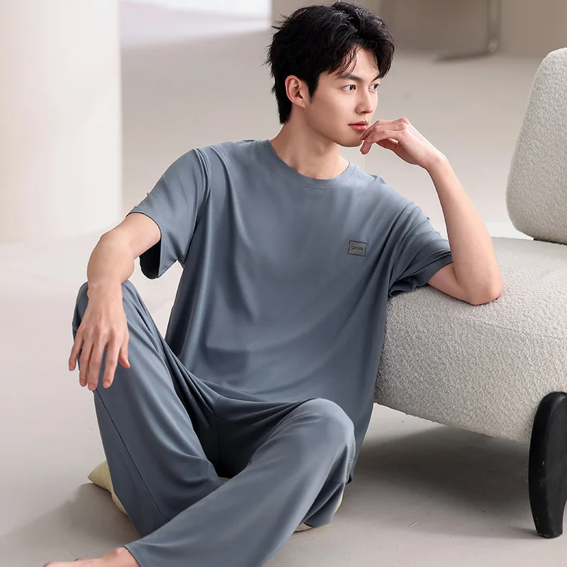 Summer Men's Sleep Lounge Pyjamas Short Sleeved Long Pants Pajamas Set Solid Color Pyjamas Male Modal Sleepwear L-4XL Fashion