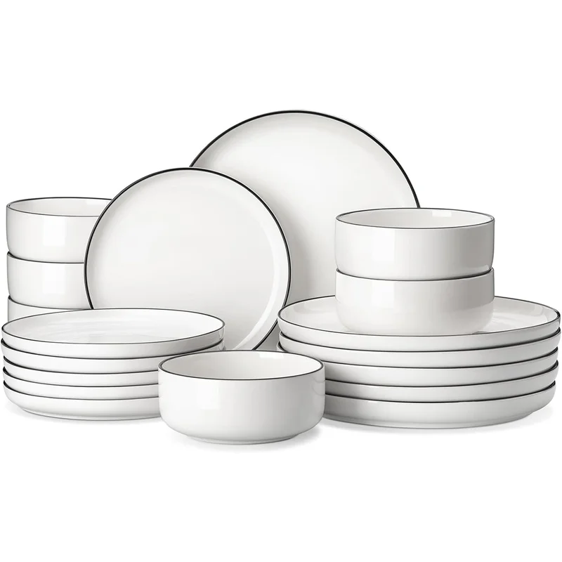 Juego de vajilla de porcelana moderna de 18 piezas, platos y cuencos de cerámica con borde negro, platos de cocina blancos para cena/postre, ensaladeras