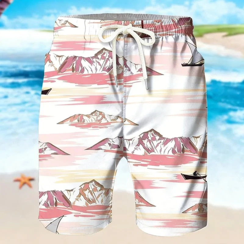 

Mountain & Sailboat Graphic Beach Shorts, Men's Casual Drawstring Swim Trunks, Crafted for Breezy & Vacation Looks