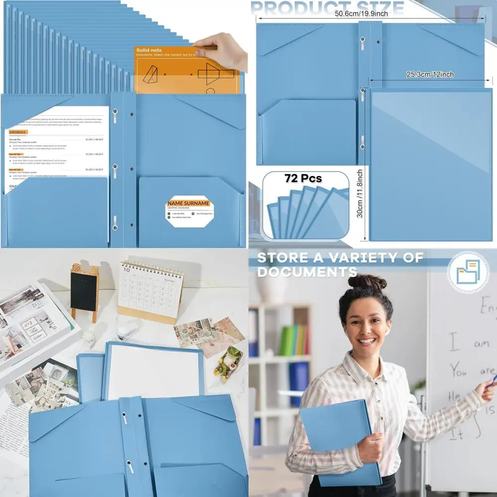 

Haze Blue 72-Piece Plastic Folders with Clear Front Pocket and Card Slot, 3-Prong Pocket Folders for School and Office Use