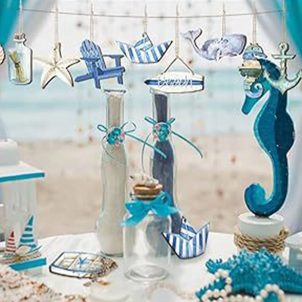 

24pcs Wooden Sea Animals Hanging Pendant Starfish Turtle Cartoon Ocean Themed Signs Ornament Seahorse boats
