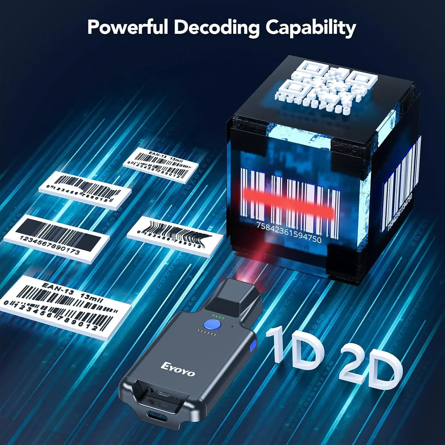 Eyoyo EY 036 plus 2D-Wireless-Barcode-Scanner, tragbarer 1D-QR-Codeleser, Bluetooth- und USB-Kabelverbindung für Laden, Lager