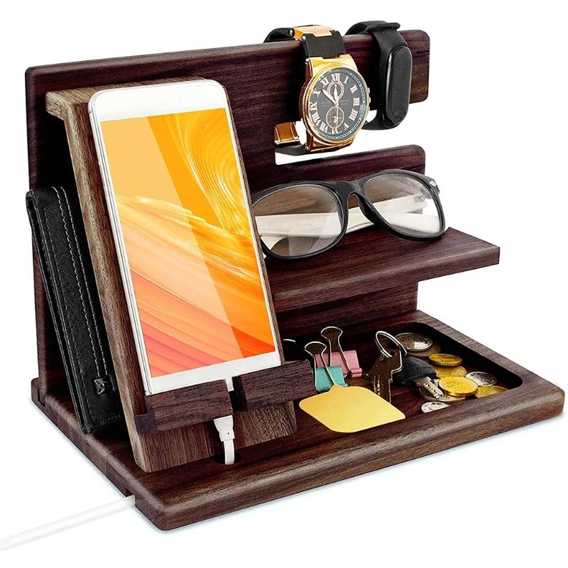 

Wooden Phone Holder Docking Station Wallet Stand Watches Purse Glasses for Key Desk Display Bedside Nightstand