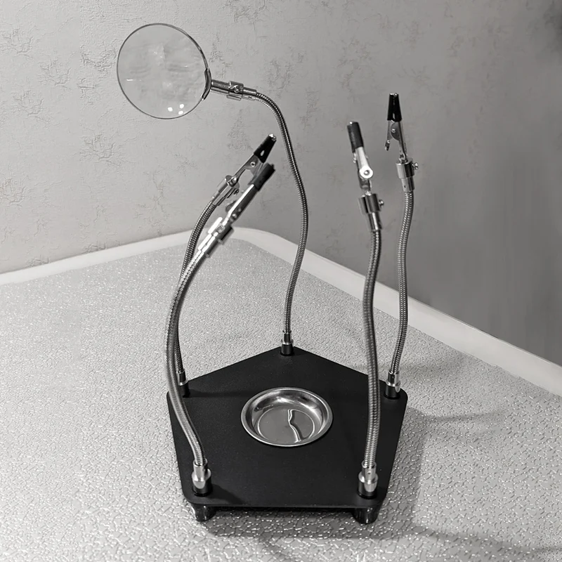 Clip ausiliaria per saldatura nera con lente d'ingrandimento a coccodrillo per scheda PCB Stazione di saldatura per riparazione di saldatura Strumento di terza mano