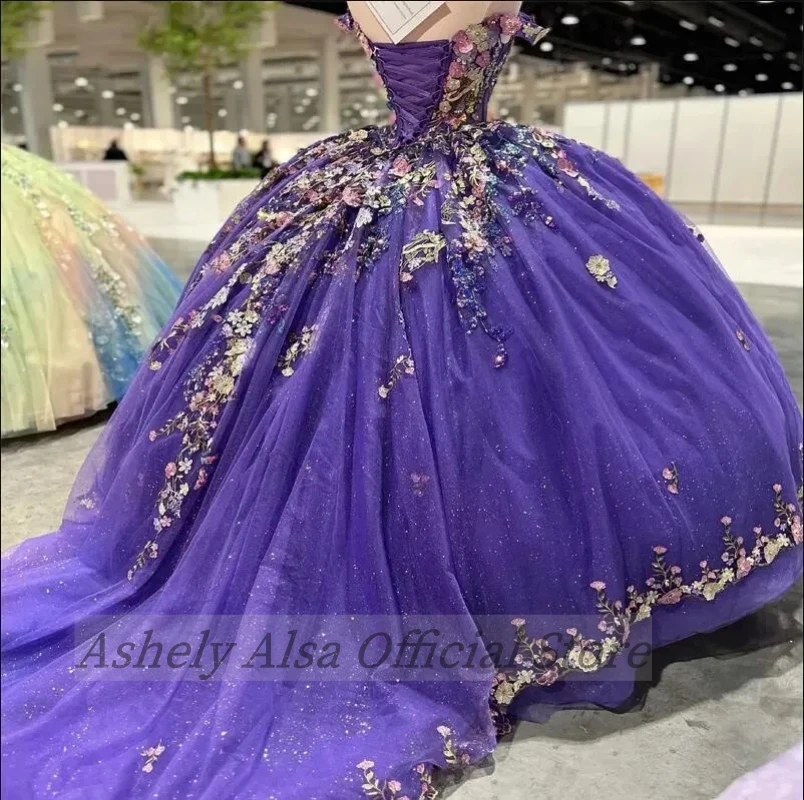 Aa41 feito sob encomenda mexicano roxo quinceanera vestidos 3d floral aniversário princesa formal doce 15 16 vestidos de baile xv anos