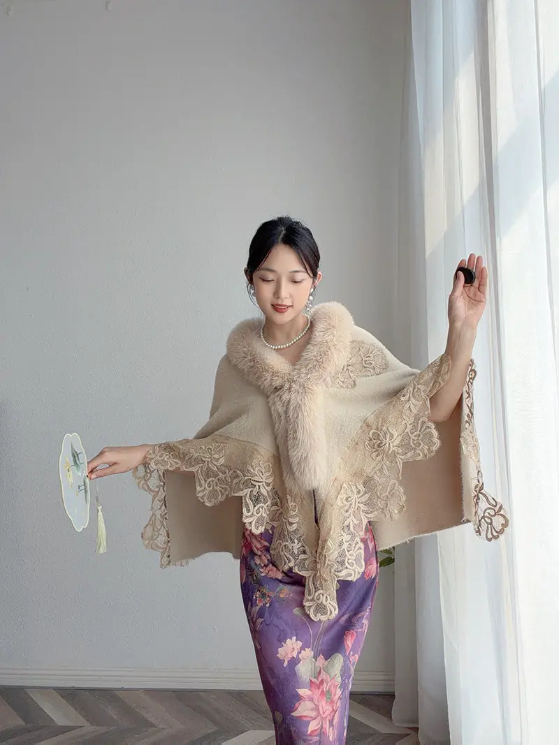 Autumn Winter New Genuine Fox Fur Collar Cape Lace Trimmed Velvet-like Shawl Elegant Fashionable Warm Wraps  Accessory
