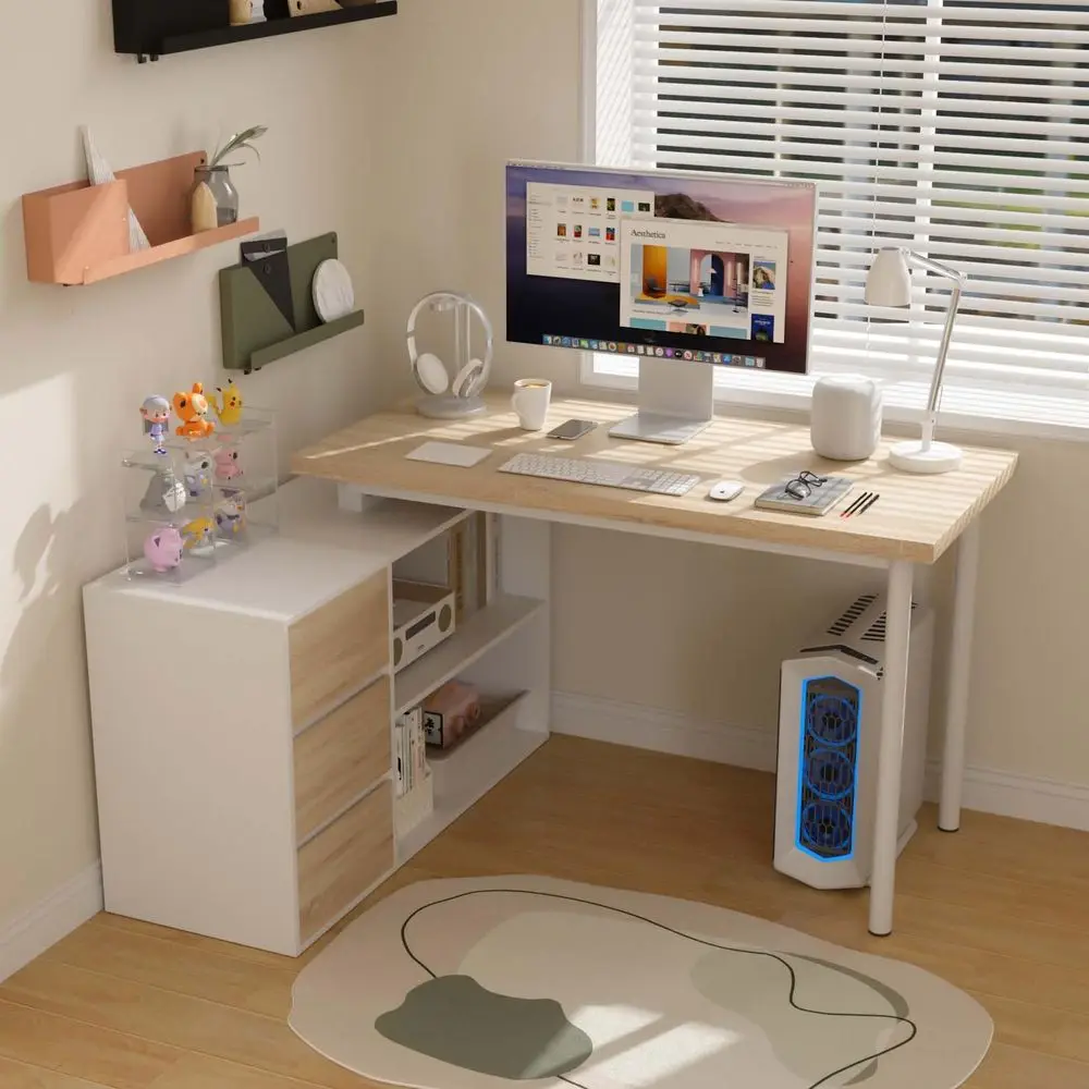L Shaped Computer Desk, 47 Inch Home Office Desk with File Drawers amp Storage Shelves, Small Corner Computer Desk for Small Sp