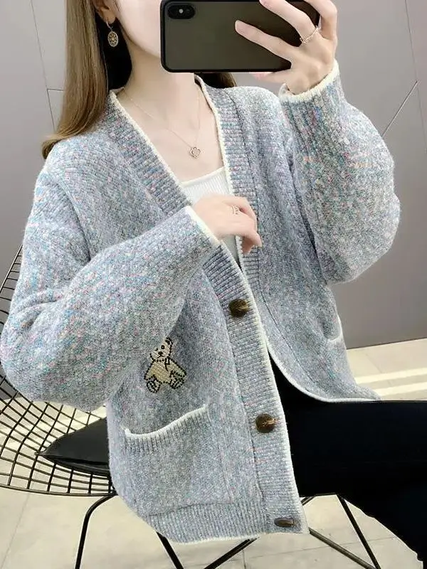 فضفاض V-Ne سترة مشغولة من الصوف المرأة ملابس خارجية لينة مريحة الخريف Sle عادية Faion سترة معطف المحملة خلات الألياف 00% #1