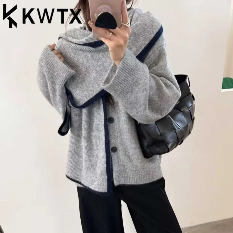 

KWTX женский лоскутный вязаный кардиган с эффектом омбре, однобортный однобортный кардиган с шарфом и воротником с длинными рукавами, винтажный элегантный, осень-зима 202, премиум-класса