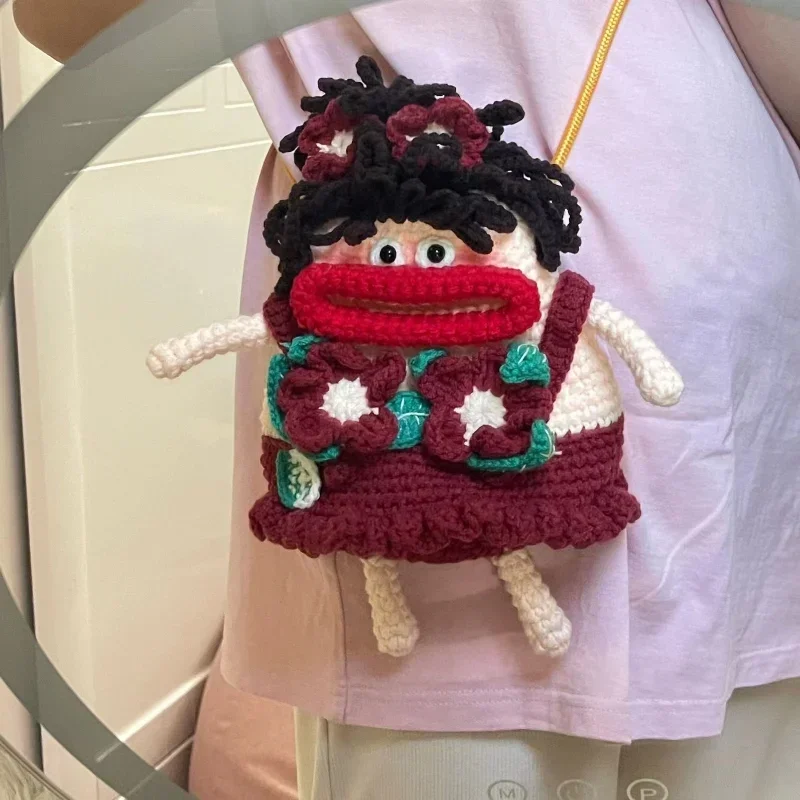 No-finished Product Lollipop Sweet Girl Sausage Mouth Mobile Phone Handmade DIY Crochet Cute Big Bag Ugly  Doll Woolen Crossbody