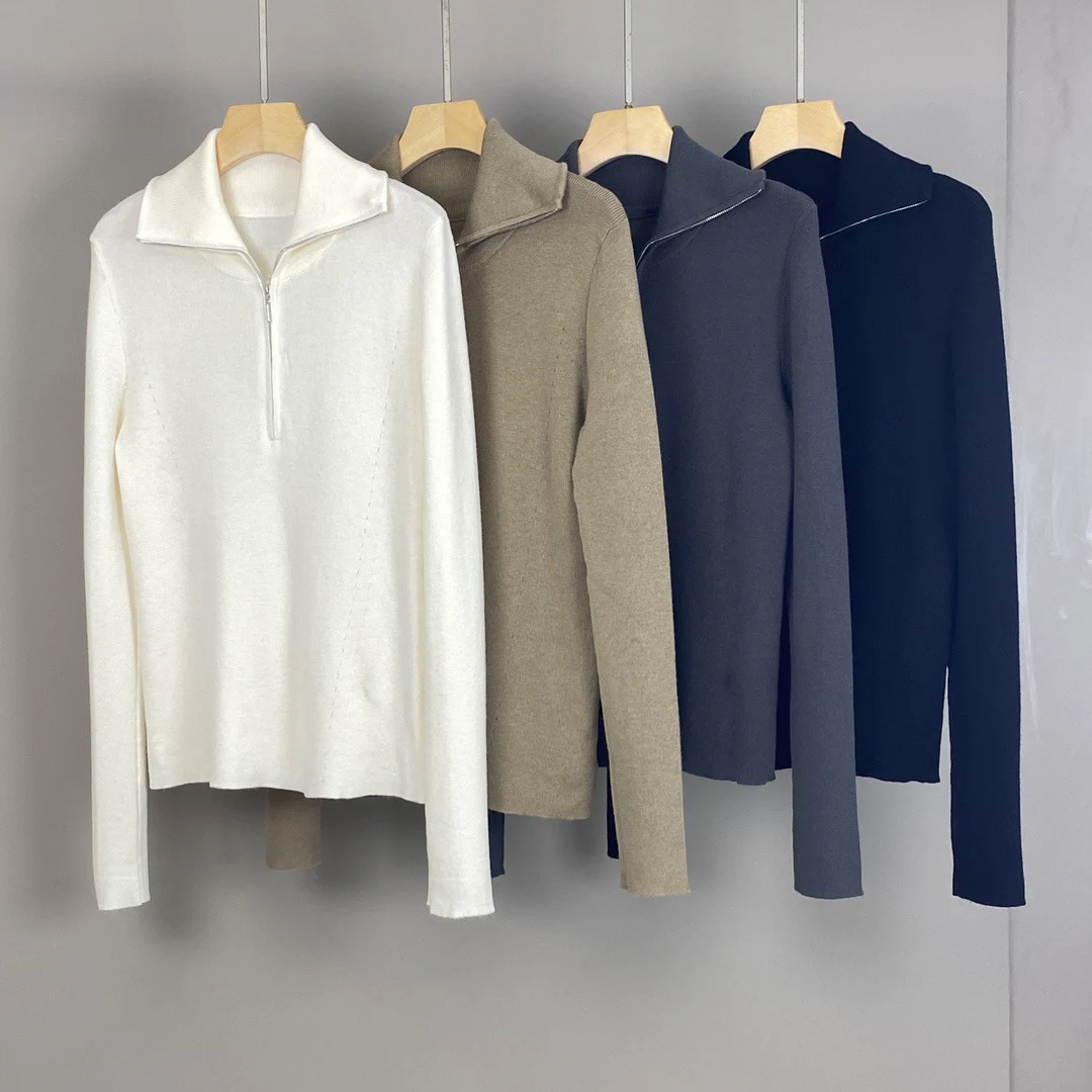 

2025 Autumn And Winter New Style Lapel Zipper Wool Comfortable Fashion All-Match Knitted Sweater For Women